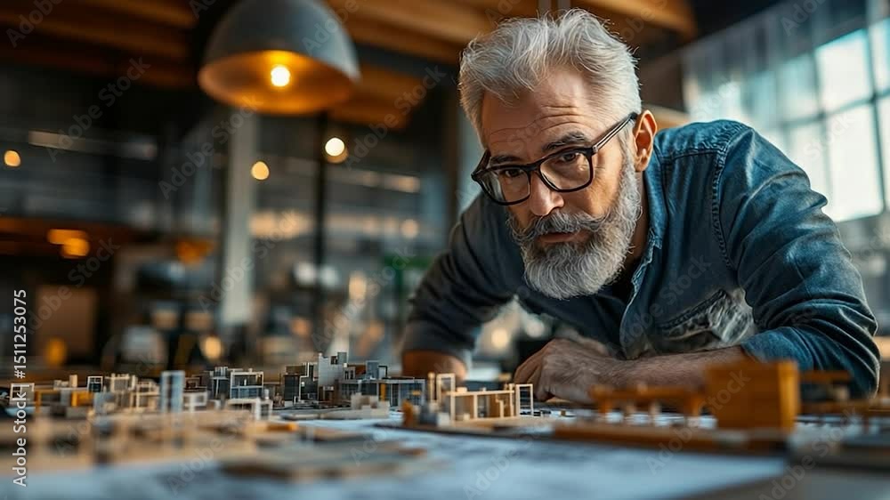Poster senior architect focused on miniature building model in well lit studio setting