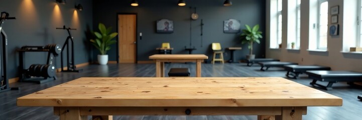 Wooden table in a minimalist fitness room with weights and machines, minimalism, equipment, table