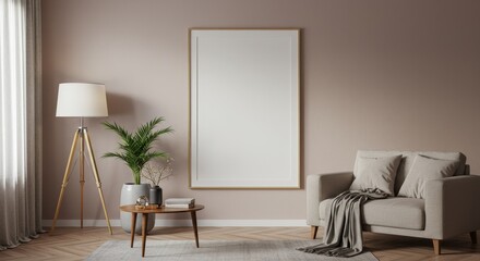 Realistic Interior Mockup with Frame Living Room Wall Decoration Design