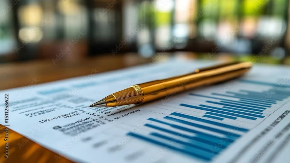 Poster close up of gold pen on statistical data report with blue graphs