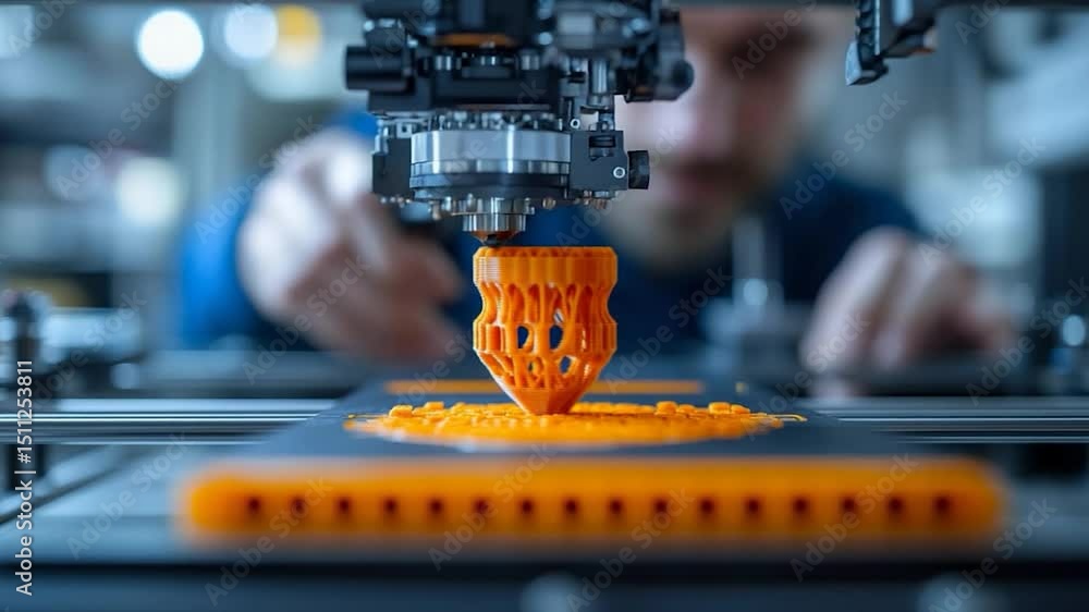Poster 3d printing process shows orange object creation with machine and blurred man working