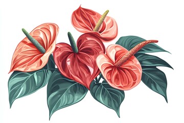 Illustration of red anthurium flowers isolated on white background.