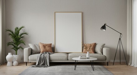 Realistic Interior Mockup with Gray Sofa and Frame on Light Wall