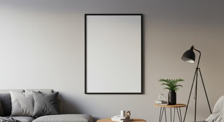 Realistic Interior Mockup with Gray Sofa and Frame Poster on Wall 3d