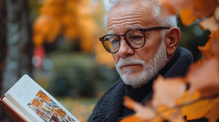 Elderly man reading book in autumn park surrounded by orange leaves