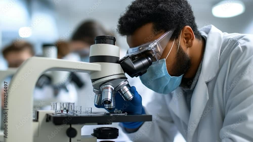 Poster scientist analyzing sample through microscope in laboratory with white coat