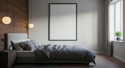 Realistic Interior Modern Bedroom with Bed and Decorative Artwork Frame