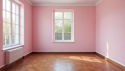 Bright airy room with pink walls and wooden floor bathed in sunlight