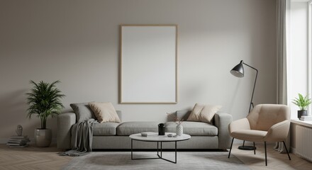 Realistic Interior of a Modern Living Room with Gray Couch