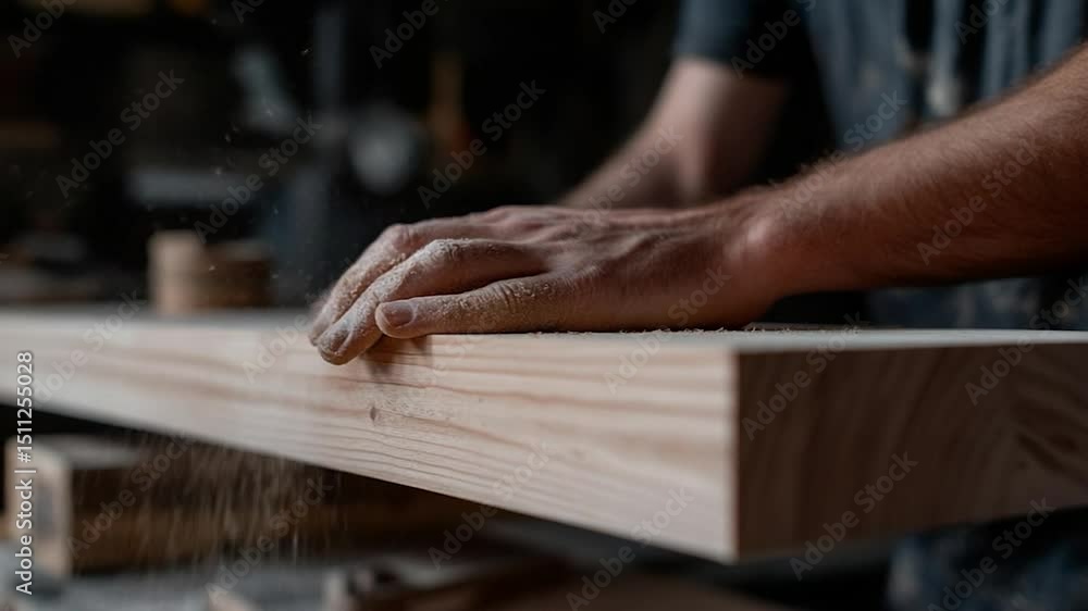 Poster hands of carpenter resting on wood plank with floating dust particles