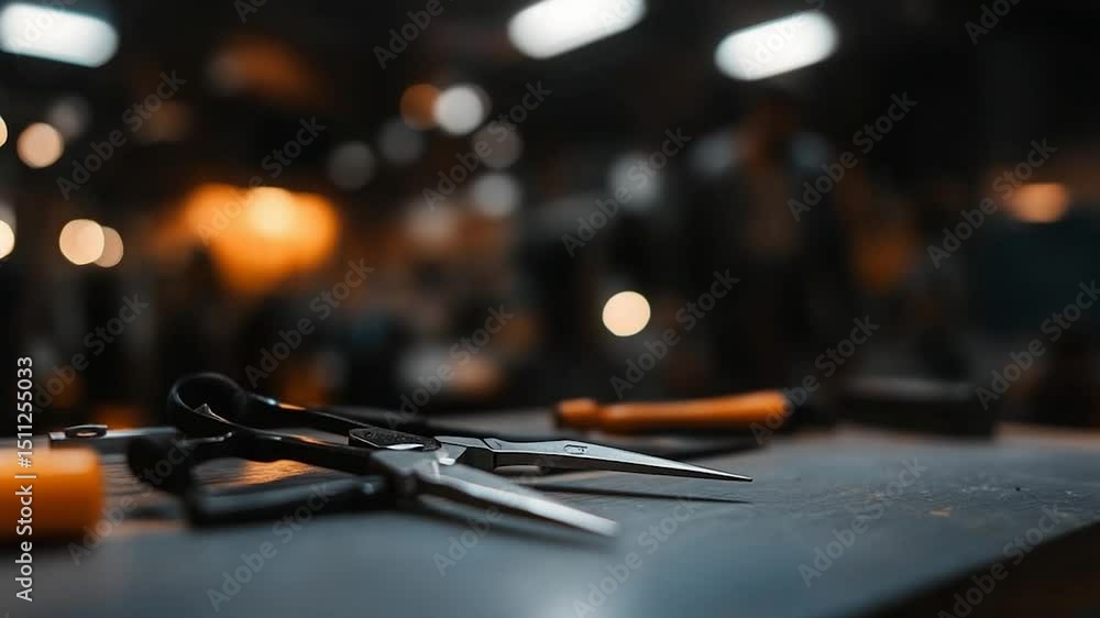 Poster close up of scissors on table in workshop setting