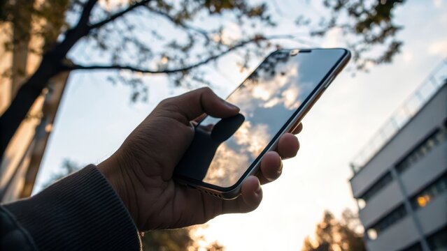 A hand holding a smartphone reflecting clouds in the screen during dusk.