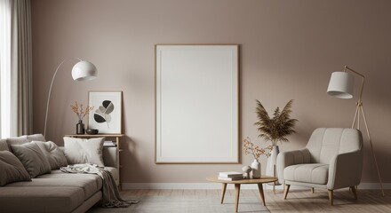 Realistic Interior of Living Room with Beige Furniture and Blank Frame