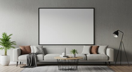 Realistic Interior of Living Room with Gray Sofa and Blank Frame