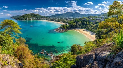 Fototapeta premium Panoramic view of tropical beach in Phuket, Thailand, with lush greenery, turquoise water, sandy shore, distant mountains, and clear blue sky, showcasing the beauty of exotic coastal nature