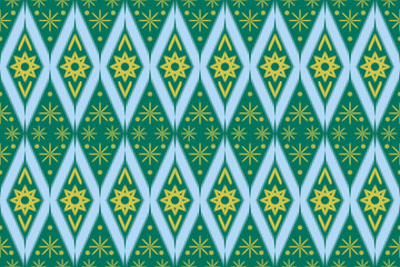 Seamless ethnic geometric pattern with star and diamond shapes in green, yellow, and light blue. Traditional decorative design inspired by textile or fabric motifs. Ideal for backgrounds, wallpapers, 