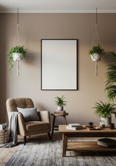 Realistic Interior of Living Room with Potted Plants and Frame Mockup