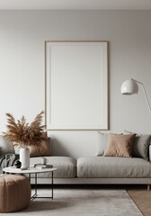 Realistic Interior of Minimalist Living Room with Poster Frame Decor