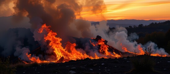 Controlled burn in forest concept. Fiery landscape at sunset with smoke and flames rising dramatically.