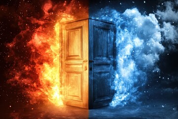 A wooden door, bisected by fire and ice, stands amidst a cosmic backdrop of swirling nebulae and stars