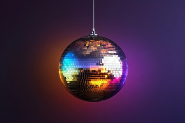 Obraz premium Shiny disco ball hanging against a colorful background. Retro party and nightlife concept for celebration decor.