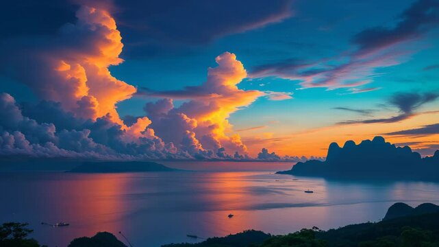 Vibrant Twilight Clouds Drift in Illuminated Sunlight by the Sea and Mountains - Time Lapse in Thailand