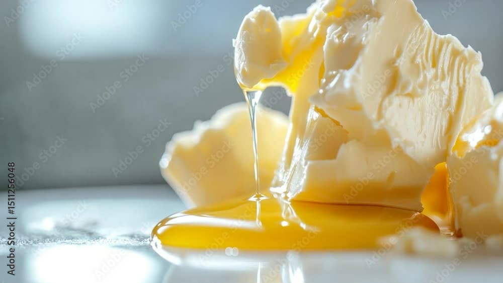 Poster butter block with honey dripping on white surface in soft focus