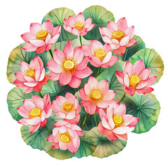 Watercolor Illustration of Pink Lotus Flowers with Green Leaves in a Circular Arrangement on a White Background
