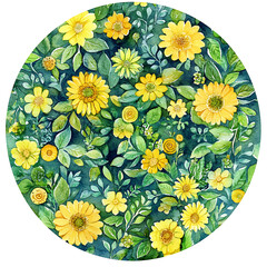 Watercolor Painting of Yellow Flowers and Green Leaves arranged in a Circular Composition with Detailed Petals and a Dark Blue-Green Background