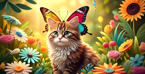 Norwegian Forest Cat with a colorful butterfly and the fresh garden in quilling paper style.