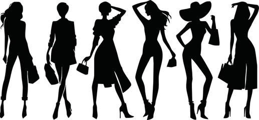 black and white stylish women Silhouette in diverse poses, collection of woman showcasing fashion and elegance on a white background
