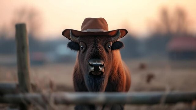 Frontal Portrait of Bison with Brown Cowboy Hat Against Golden Sunset Background
