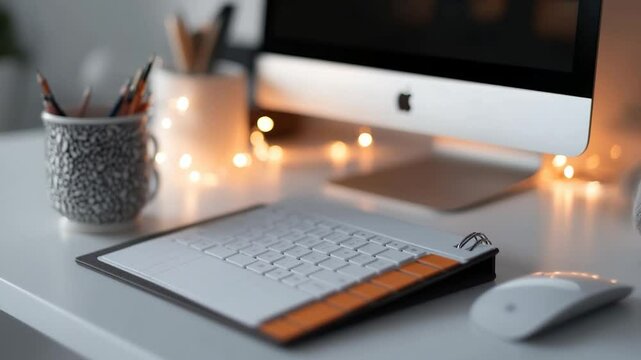 Modern White Office Desk Setup with Computer Keyboard Mouse and Background Lighting