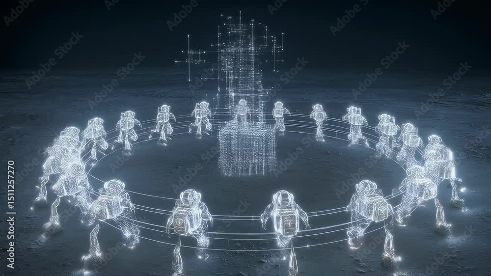 Poster wireframe robots, moving in a circle, collaboratively construct a complex structure, showcasing adva