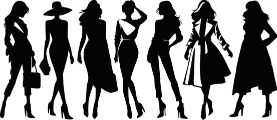 black and white stylish women Silhouette in diverse poses, collection of woman showcasing fashion and elegance on a white background