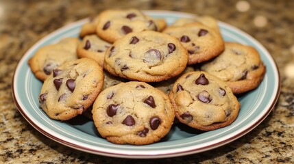 Cholcolate chip cookie day. Chocolate chip cookies on a kitchen counter.