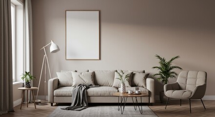Realistic Interior Room Living with Beige Sofa and Modern Furniture