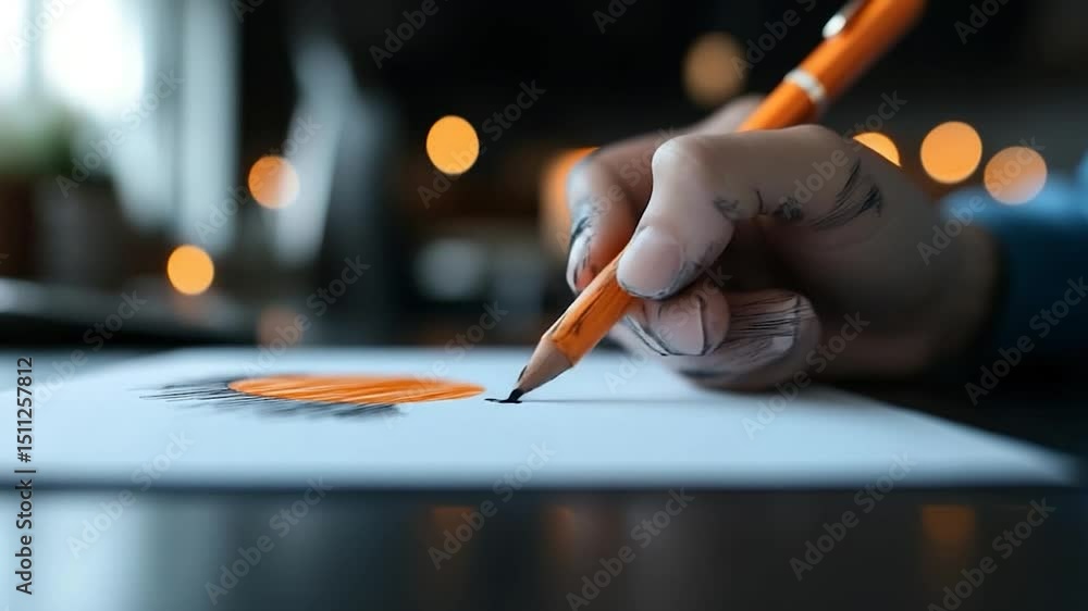 Poster hand sketching black circular design within orange circle with pencil on white paper and blurred bok