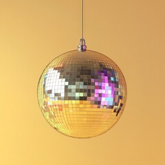 Fototapeta premium Shiny reflective disco ball hanging from ceiling on orange background. Party decoration for celebration and fun.