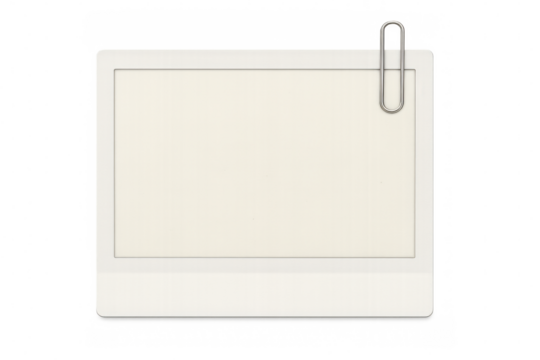 Paper frame with metal clip gripping white blank paper, offering clean minimalist mockup for graphic presentations on transparent backdrop