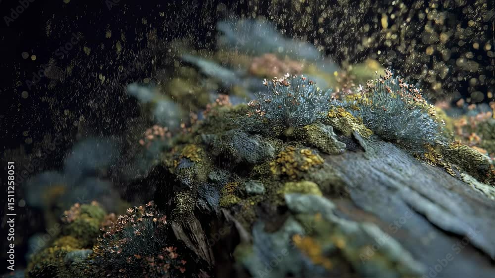 Poster golden bioink particles gently descend and adhere to a microsat material showcasing a diverse array 