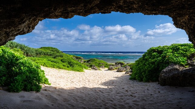 Stunning view from inside a coastal cave on Miyako Island in Okinawa, Japan, showing turquoise sea, sandy beach, dense green vegetation, sandstone cliffs and open sky with white clouds on a sunny day.