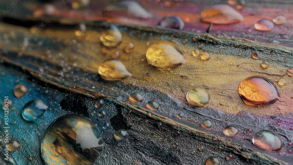 Poster iridescent quantum dot embedded paint layer revealing intricate light reflections, surface tension c