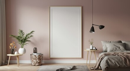 Realistic Interior Room with Bed and Blank Frame Mockup 3d Render