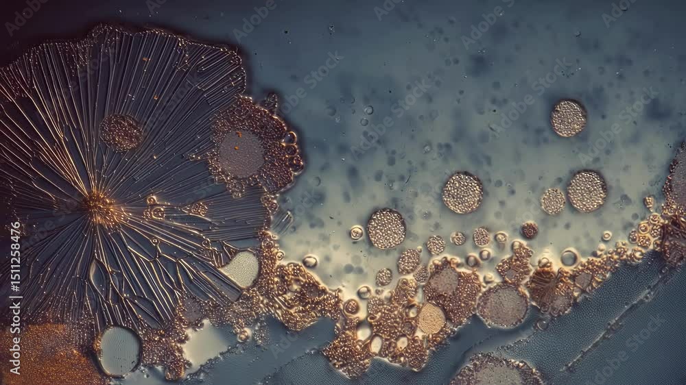 Poster microscopic view of zinc bromide crystallizing, forming intricate patterns and interacting with surr
