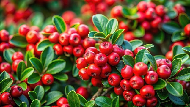 Dense cluster of red berries scattered among vibrant green Cotoneaster leaves, set against a soft natural background , Forest Floor, Summer Fruits