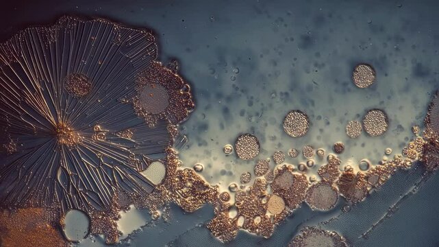 Microscopic view of zinc bromide crystallizing, forming intricate patterns and interacting with surrounding droplets during an ultrasonic mist deposition process