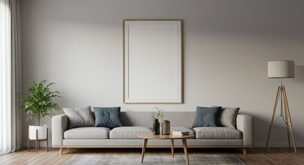 Realistic Interior Room with Gray Couch and Blank Artwork Mockup