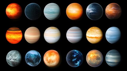 Grid of Diverse Planetary Bodies Displaying Various Colors and Textures