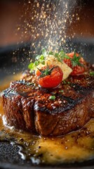 Seared Steak with Roasted Tomatoes and Herbs, Garnished with Seasoning